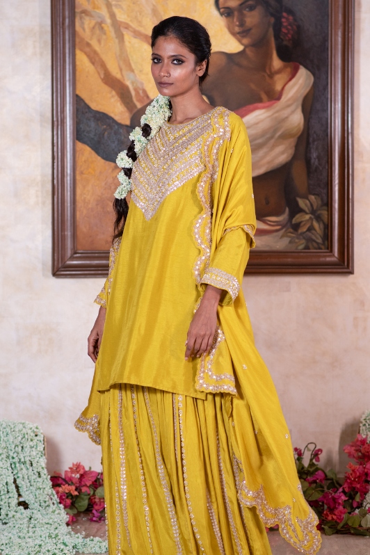 Olive gota and sequin kurta & embroidered garara set
