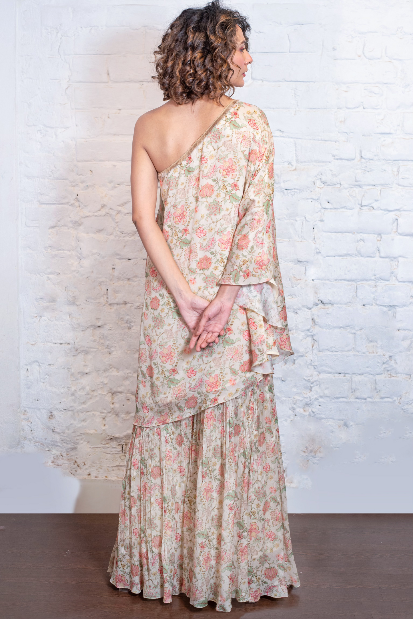 Ivory chiffon one shoulder top & garara set