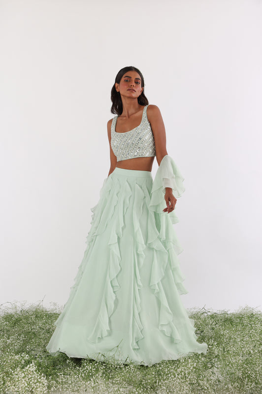 Mint Mirror & Pearl Ruffle lehenga Set