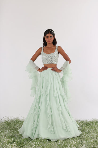 Mint Mirror & Pearl Ruffle lehenga Set