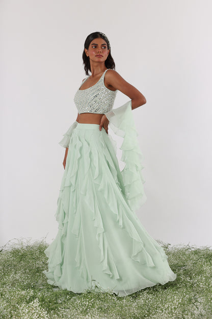 Mint Mirror & Pearl Ruffle lehenga Set