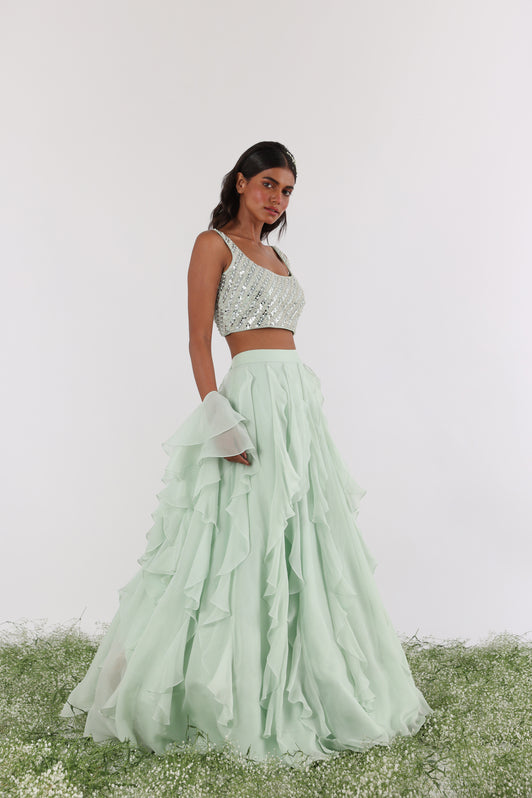 Mint Mirror & Pearl Ruffle lehenga Set