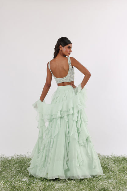 Mint Mirror & Pearl Ruffle lehenga Set