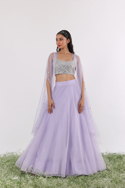 Lilac Mirror Embroidered Cape & Lehenga Set