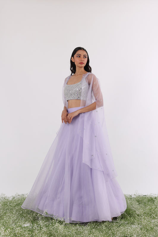 Lilac Mirror Embroidered Cape & Lehenga Set