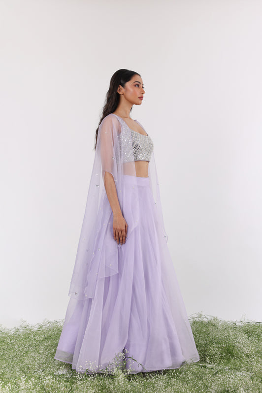 Lilac Mirror Embroidered Cape & Lehenga Set