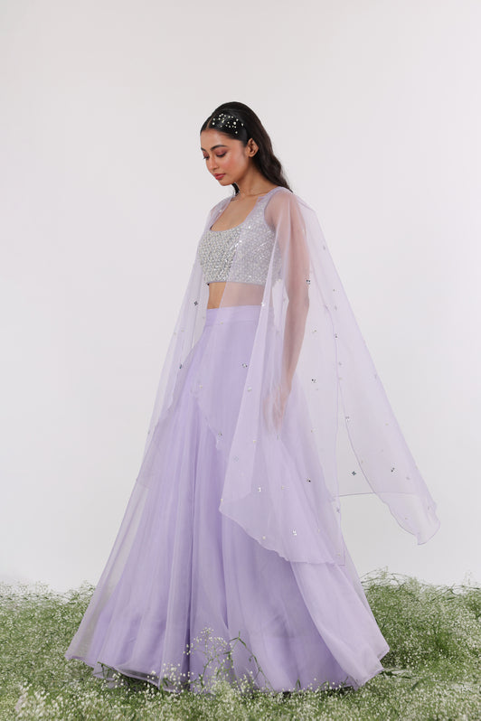 Lilac Mirror Embroidered Cape & Lehenga Set