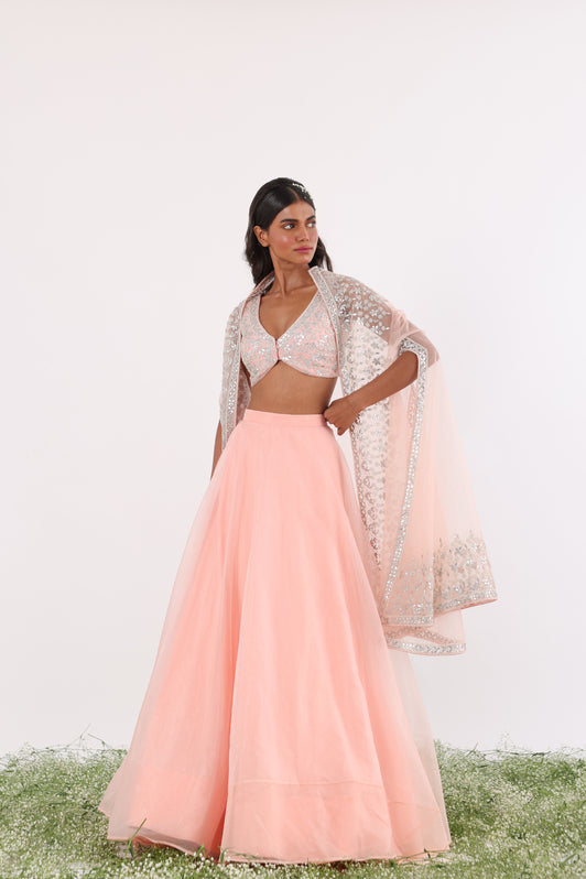 Blush Pink Gota & Pearl Embroidered Cape & Lehenga Set