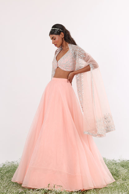 Blush Pink Gota & Pearl Embroidered Cape & Lehenga Set