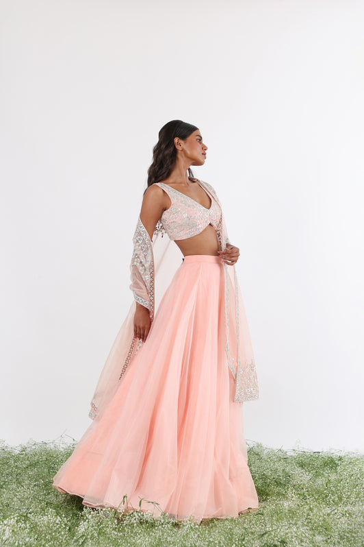 Blush Pink Gota & Pearl Embroidered Cape & Lehenga Set