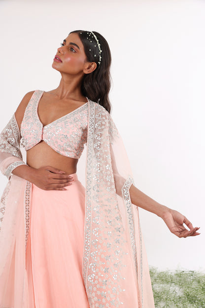 Blush Pink Gota & Pearl Embroidered Cape & Lehenga Set