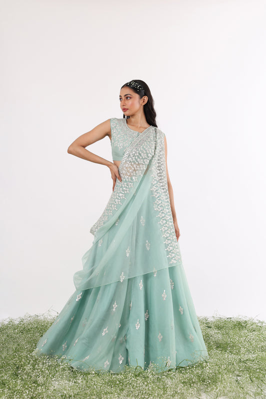 Teal Gota & Pearl Embroidered Drape Lehenga Set