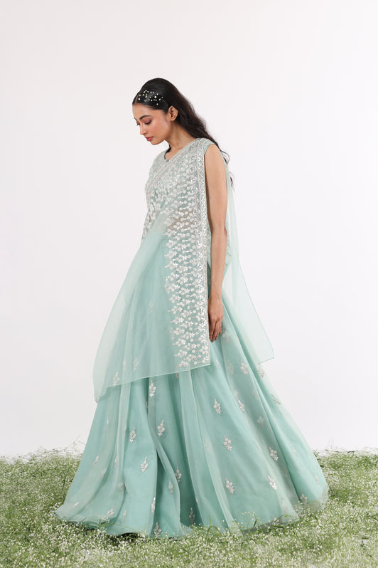 Teal Gota & Pearl Embroidered Drape Lehenga Set