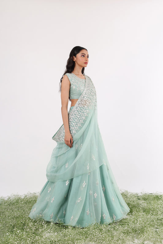 Teal Gota & Pearl Embroidered Drape Lehenga Set