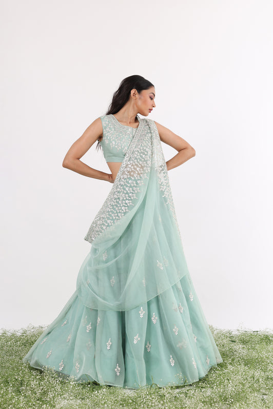 Teal Gota & Pearl Embroidered Drape Lehenga Set