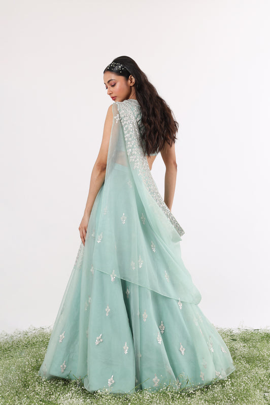 Teal Gota & Pearl Embroidered Drape Lehenga Set