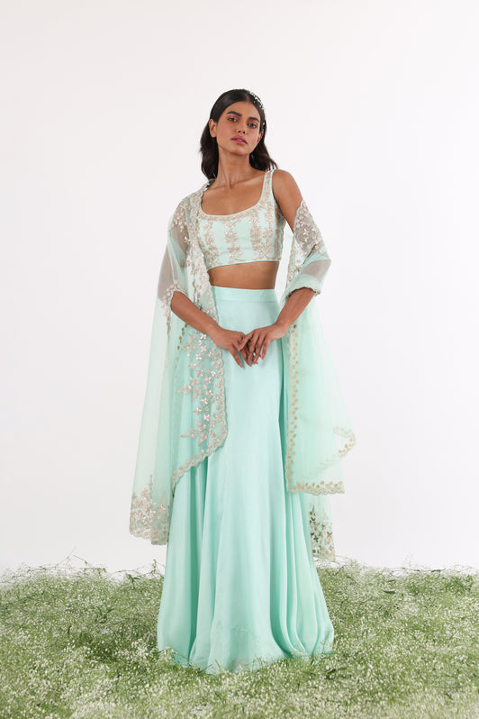 Turquoise Gota & Pearl Embroidered Cape Lehenga Set