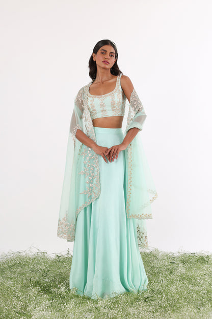 Turquoise Gota & Pearl Embroidered Cape Lehenga Set