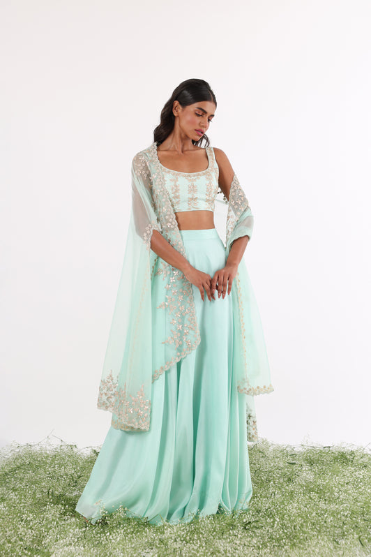 Turquoise Gota & Pearl Embroidered Cape Lehenga Set