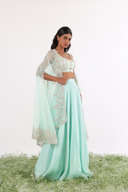 Turquoise Gota & Pearl Embroidered Cape Lehenga Set