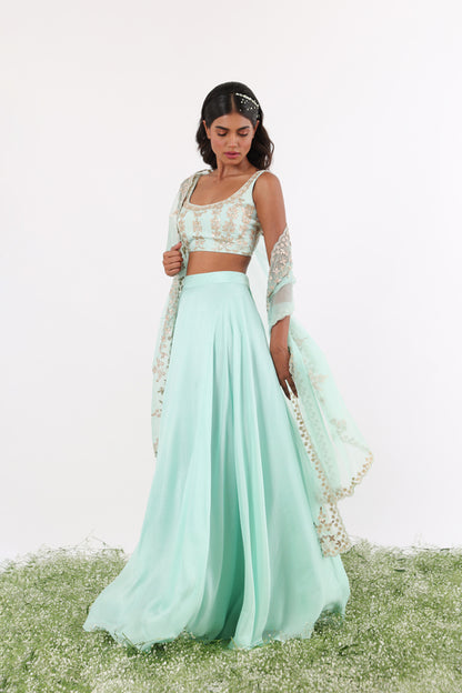 Turquoise Gota & Pearl Embroidered Cape Lehenga Set