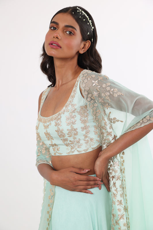 Turquoise Gota & Pearl Embroidered Cape Lehenga Set