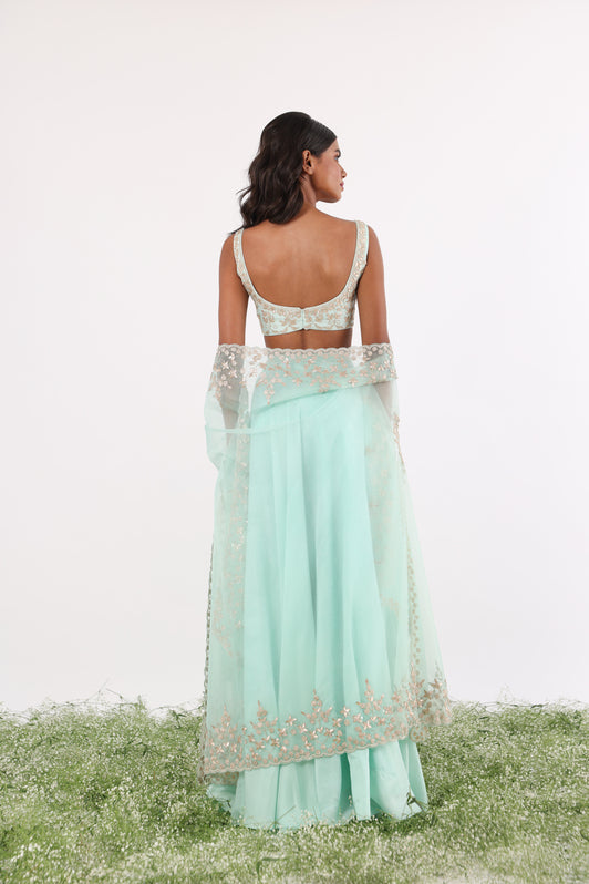 Turquoise Gota & Pearl Embroidered Cape Lehenga Set