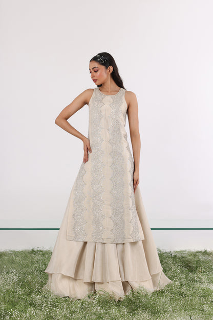 Ivory Tissue Metal Sequin Kurta & Layered Lehenga Set