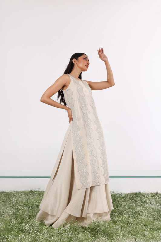 Ivory Tissue Metal Sequin Kurta & Layered Lehenga Set