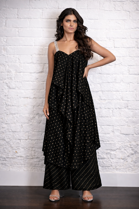 Black Asymmetrical Bandhej Kurta and Pant Set