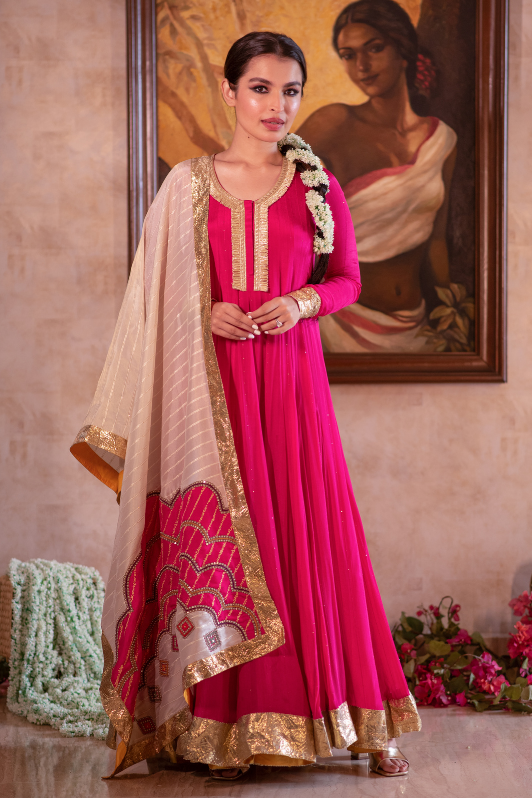 Fuchsia anarkali and bandhej gold dupatta set