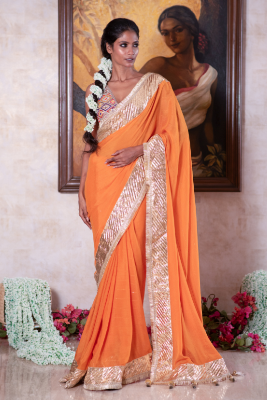 Orange chiffon gota and dori sari and blouse set