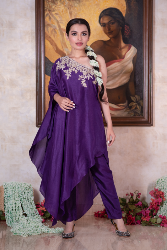 Purple zardozi asymetrical cape & pant set