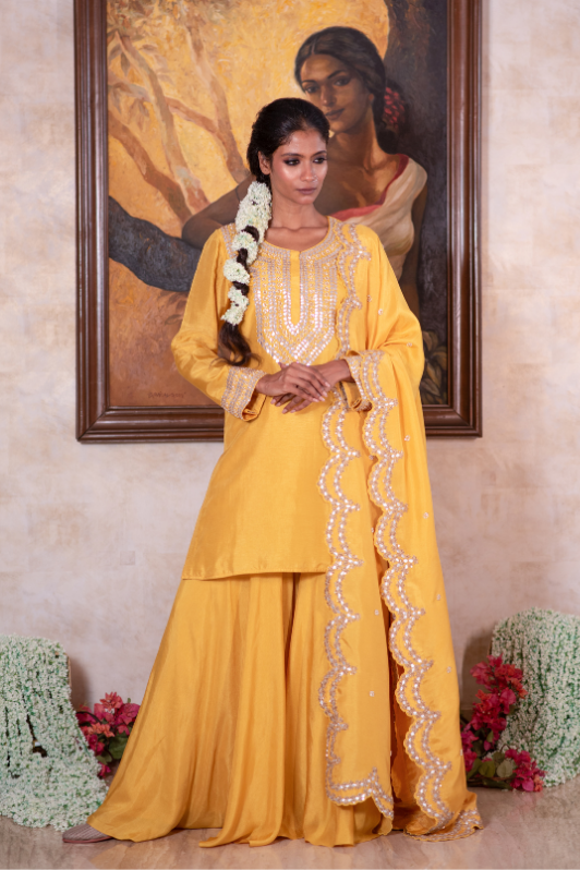 Yellow gota garara and scallop dupatta set