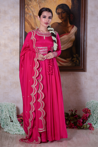 Fuschia gota and sequin anarkali and dupatta set