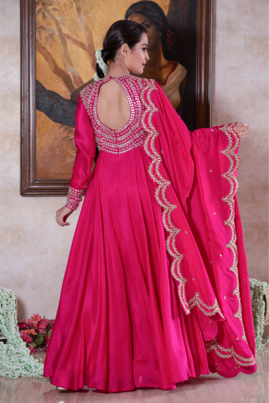 Fuschia gota and sequin anarkali and dupatta set