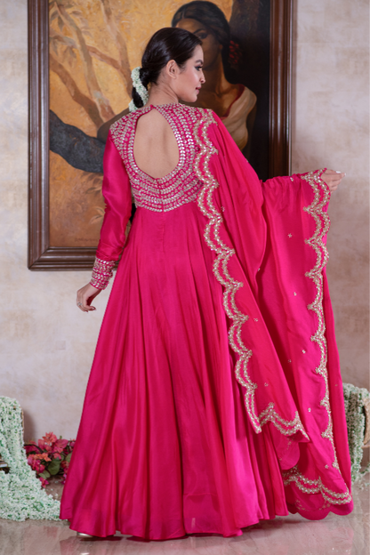 Fuschia gota and sequin anarkali and dupatta set