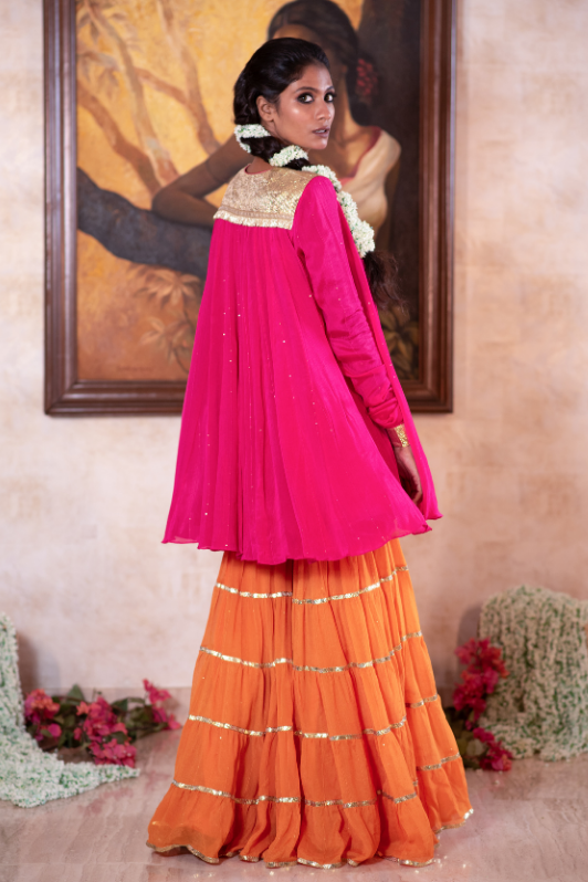 Fuchsia chiffon short kurta & gota garara set