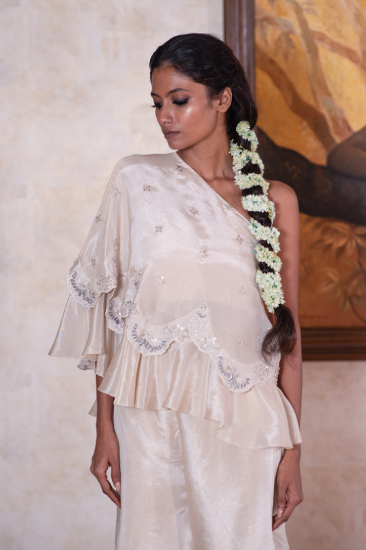 Ivory tissue asymetrical cape & palazzo set