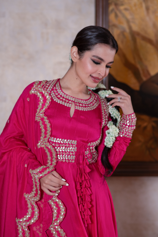 Fuschia gota and sequin anarkali and dupatta set