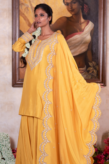 Yellow gota garara and scallop dupatta set