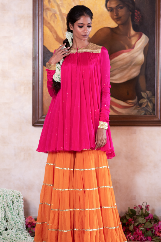 Fuchsia chiffon short kurta & gota garara set