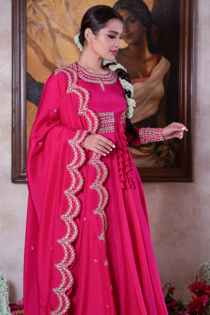 Fuschia gota and sequin anarkali and dupatta set