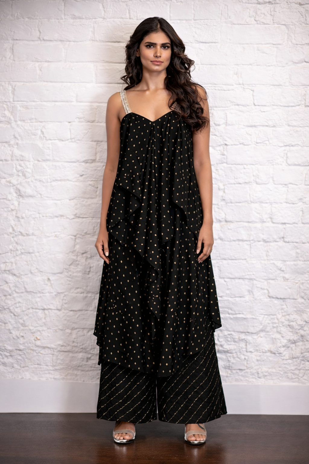 Black Asymmetrical Bandhej Kurta and Pant Set