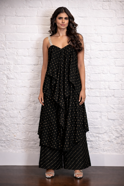 Black Asymmetrical Bandhej Kurta and Pant Set