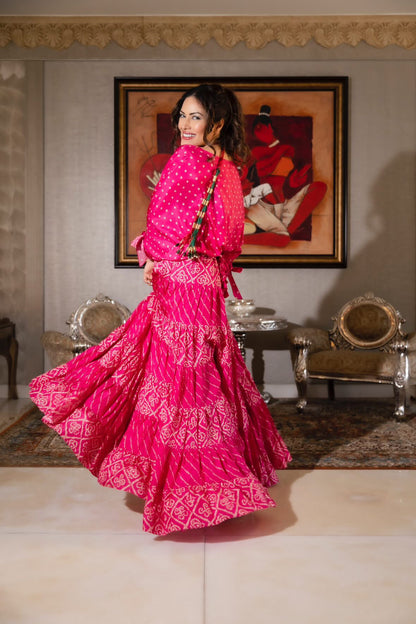 Pink Bandhej Lehenga & Belt Set