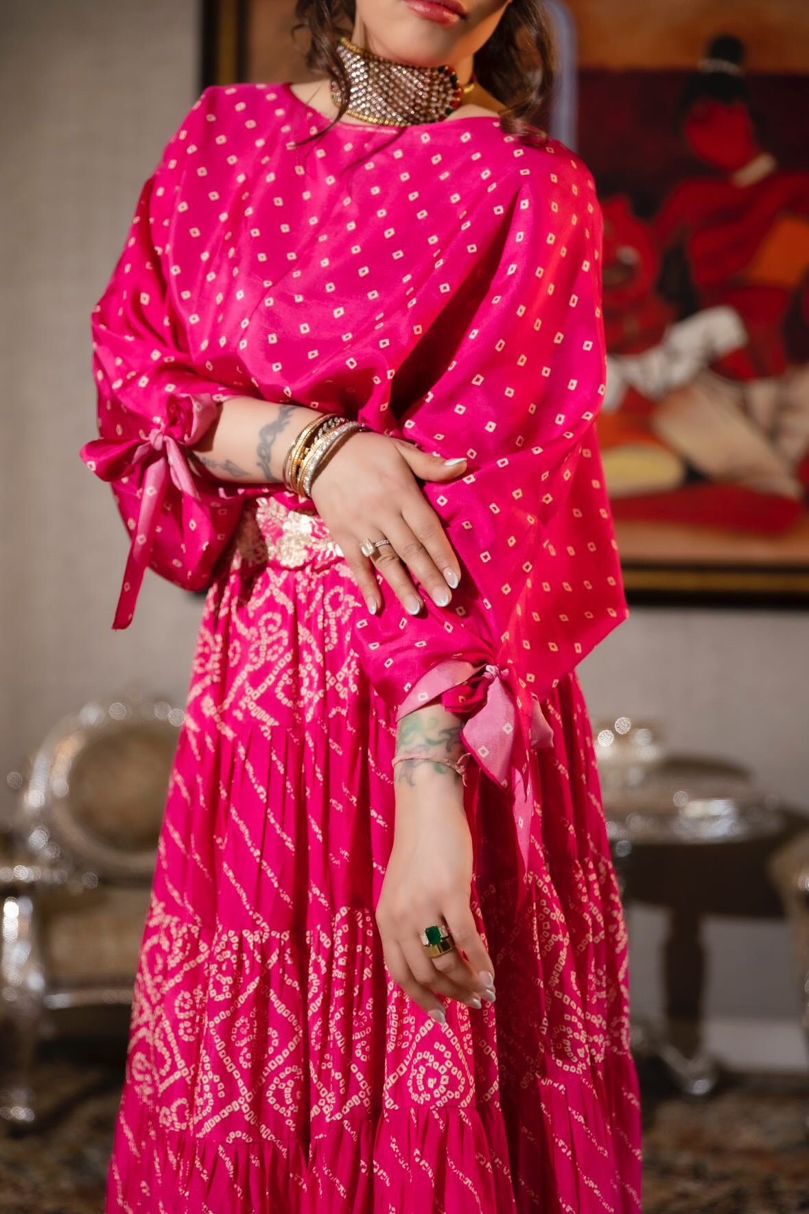 Pink Bandhej Lehenga & Belt Set