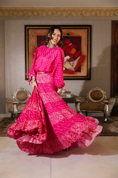 Pink Bandhej Lehenga & Belt Set