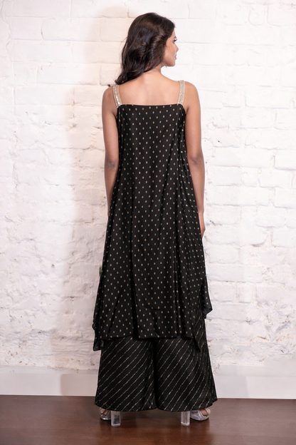 Black Asymmetrical Bandhej Kurta and Pant Set
