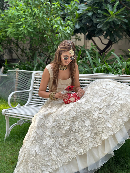 Ivory Applique Floral Skirt Set